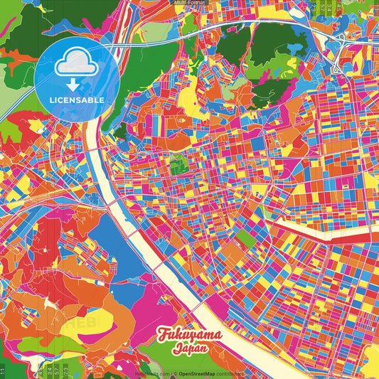 Fukuyama, Hiroshima, Japan Crazy Colorful Street Map Poster Template