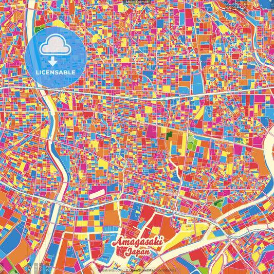 Amagasaki, Hyōgo, Japan Crazy Colorful Street Map Poster Template