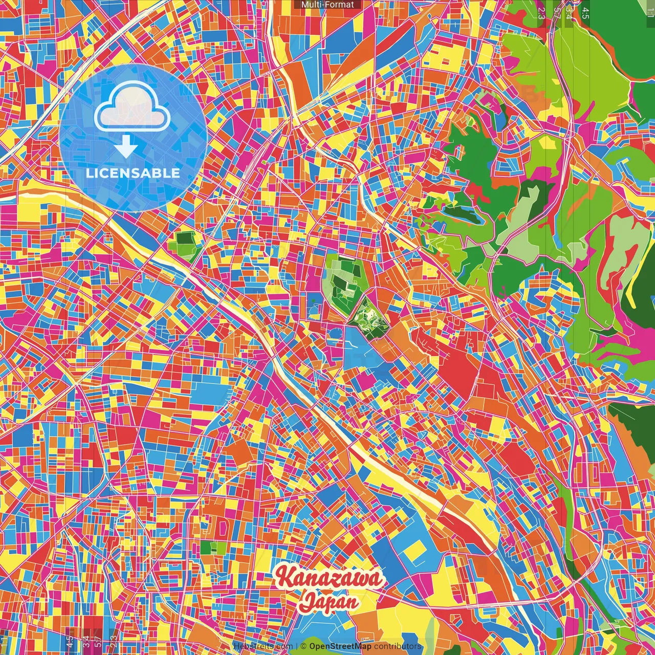 Kanazawa, Ishikawa, Japan Crazy Colorful Street Map Poster Template