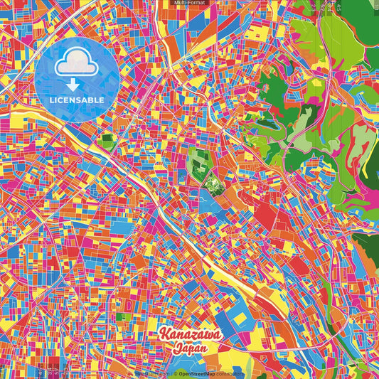 Kanazawa, Ishikawa, Japan Crazy Colorful Street Map Poster Template