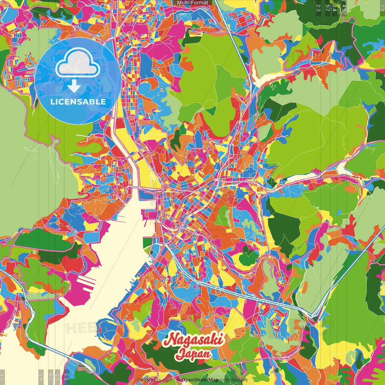 Nagasaki, Nagasaki, Japan Crazy Colorful Street Map Poster Template
