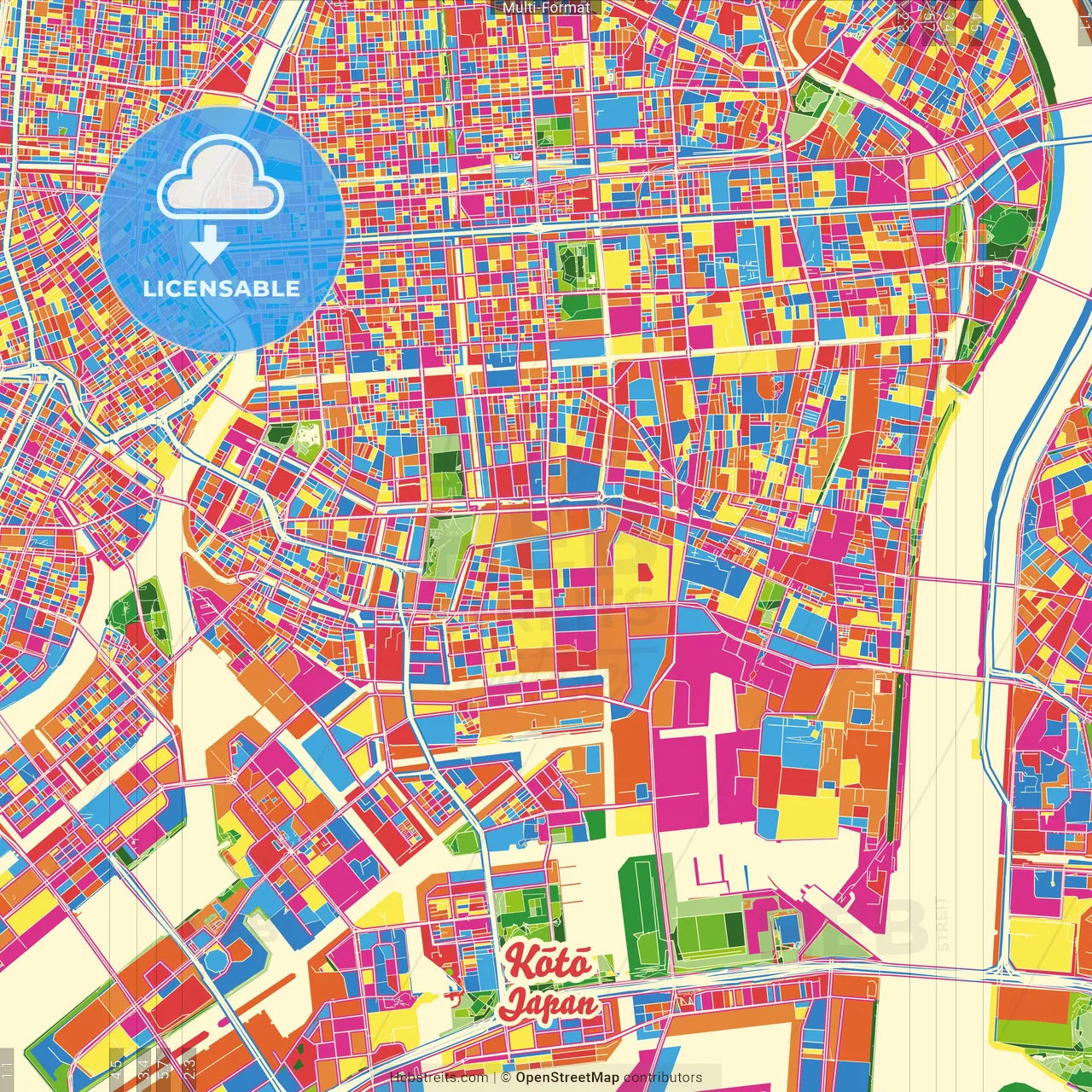 Kōtō, Tokyo, Japan Crazy Colorful Street Map Poster Template