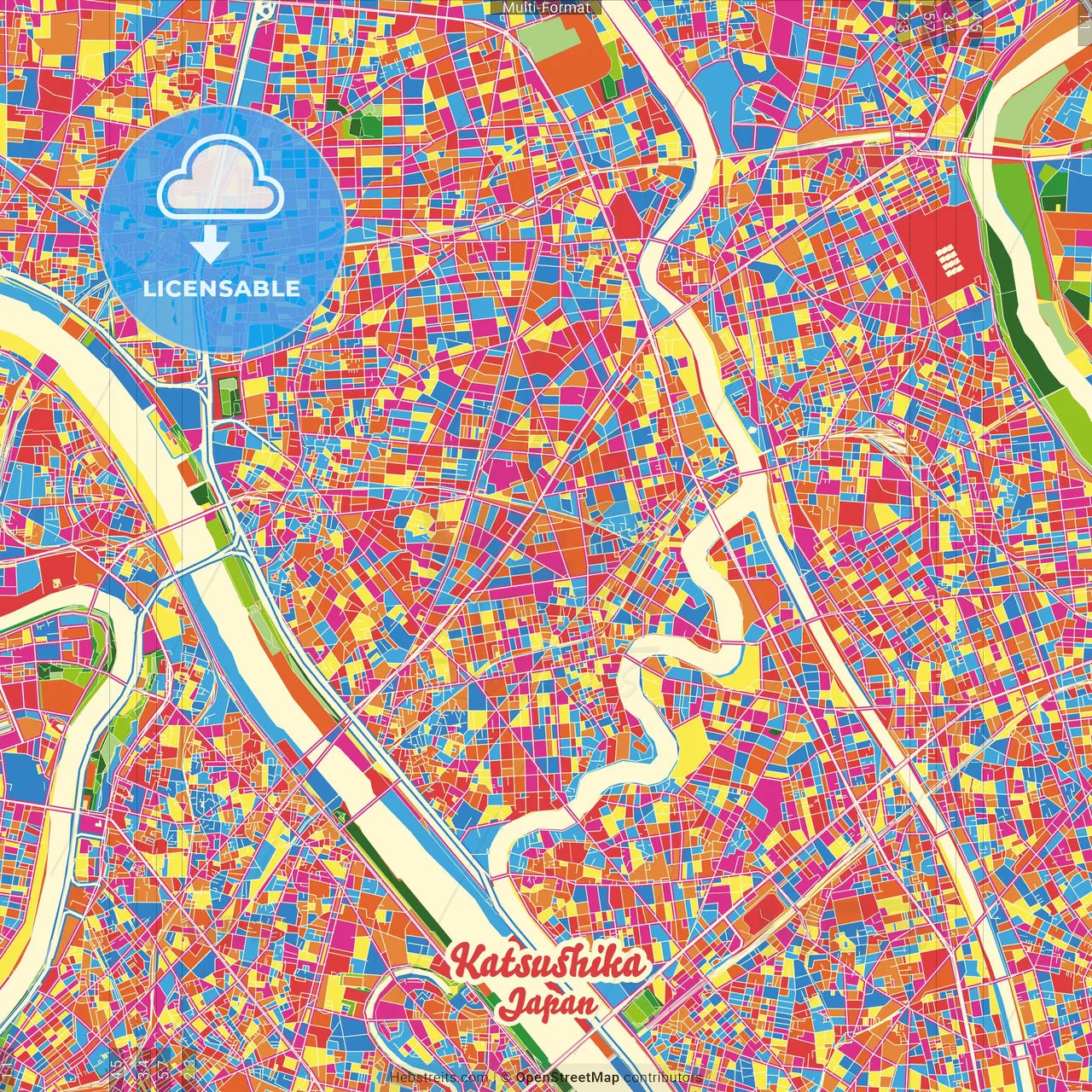 Katsushika, Tokyo, Japan Crazy Colorful Street Map Poster Template