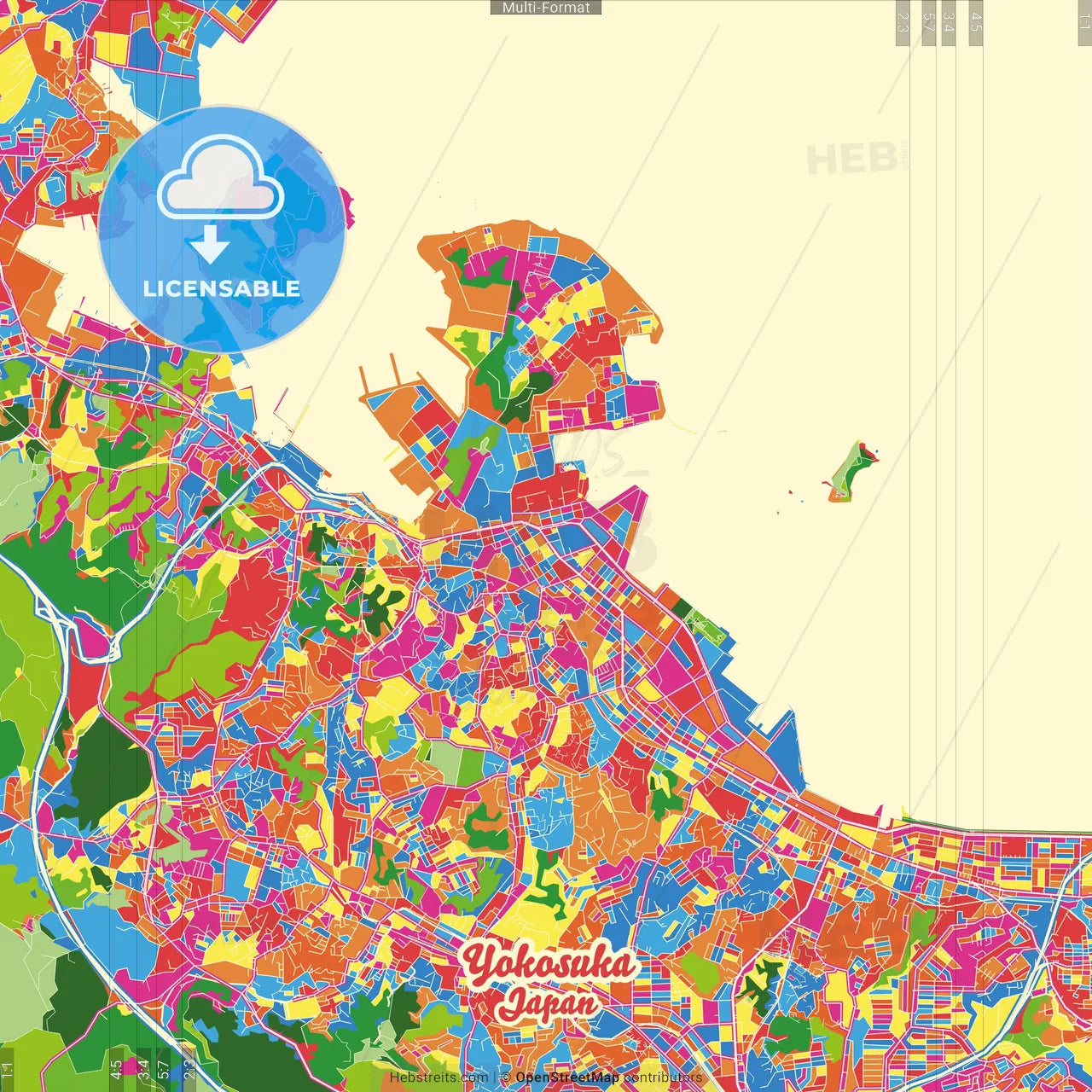 Yokosuka, Kanagawa, Japan Crazy Colorful Street Map Poster Template