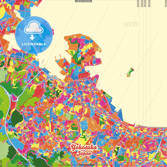 Yokosuka, Kanagawa, Japan Crazy Colorful Street Map Poster Template