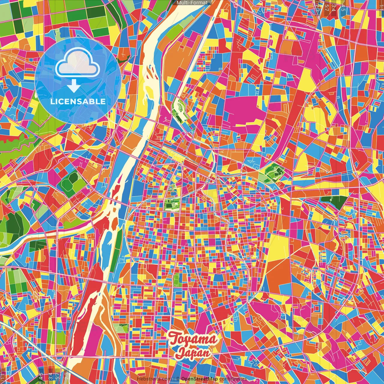 Toyama, Toyama, Japan Crazy Colorful Street Map Poster Template