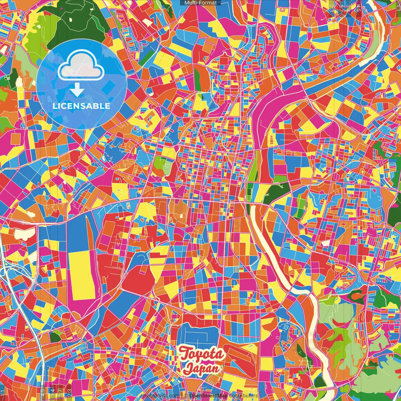 Toyota, Aichi, Japan Crazy Colorful Street Map Poster Template