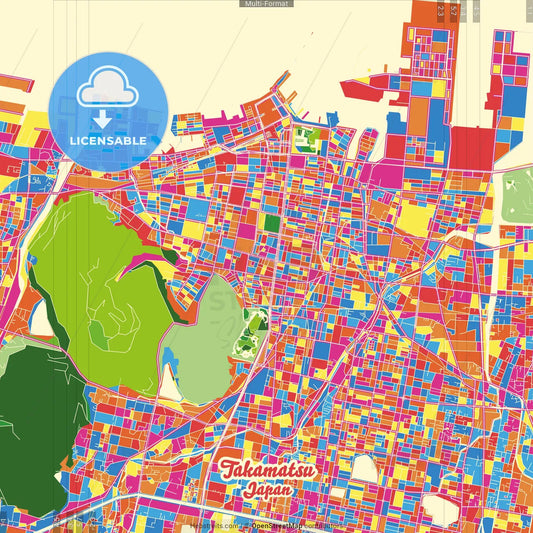 Takamatsu, Kagawa, Japan Crazy Colorful Street Map Poster Template