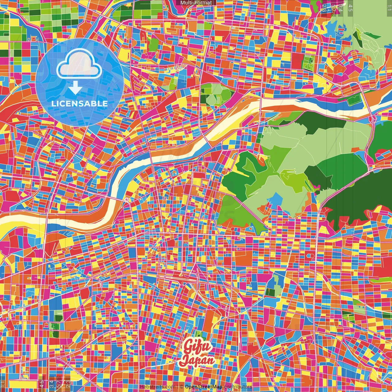 Gifu, Gifu, Japan Crazy Colorful Street Map Poster Template