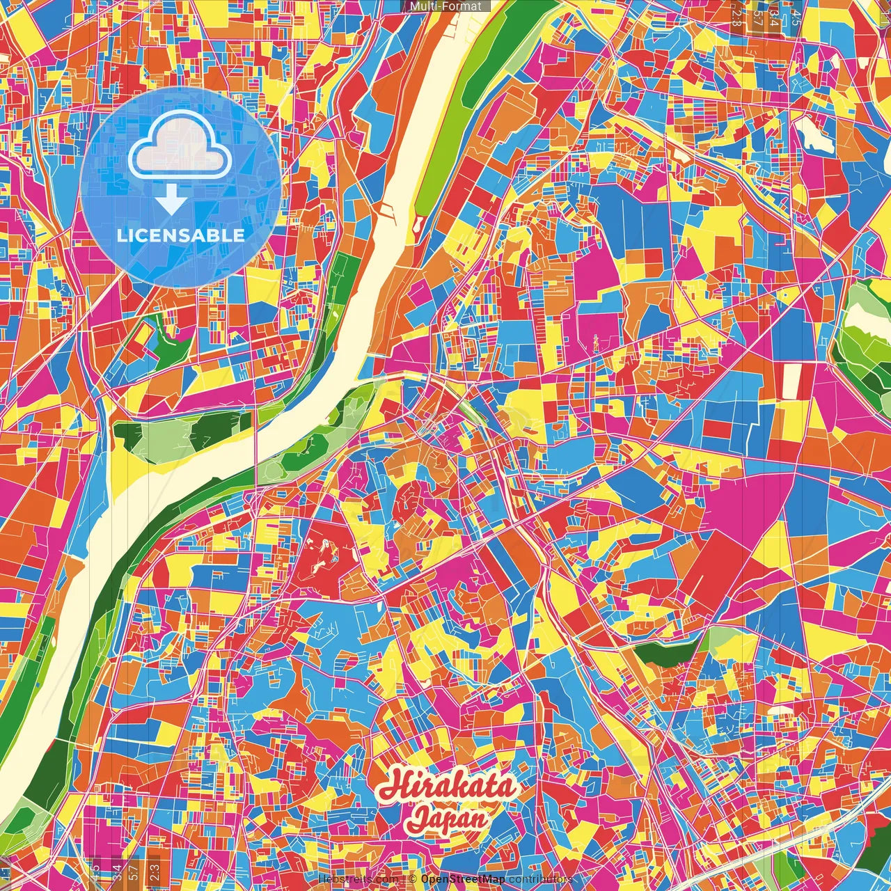 Hirakata, Osaka, Japan Crazy Colorful Street Map Poster Template