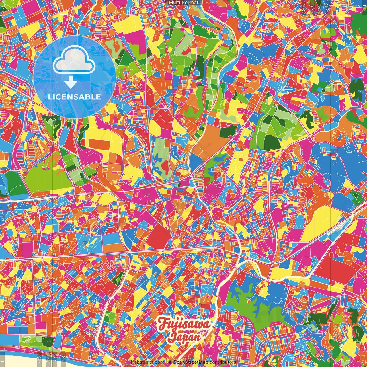 Fujisawa, Kanagawa, Japan Crazy Colorful Street Map Poster Template