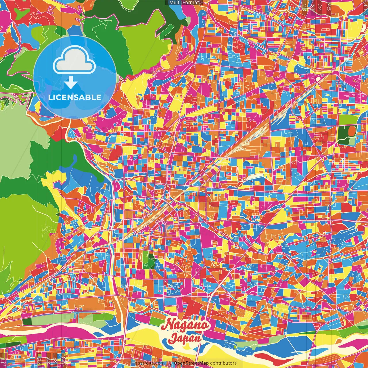 Nagano, Nagano, Japan Crazy Colorful Street Map Poster Template