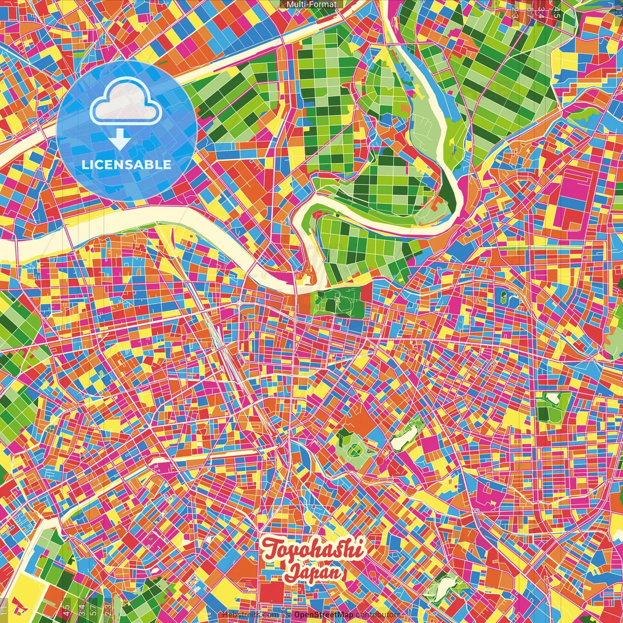 Toyohashi, Aichi, Japan Crazy Colorful Street Map Poster Template