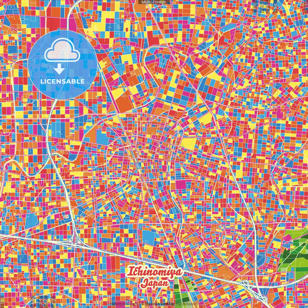 Ichinomiya, Aichi, Japan Crazy Colorful Street Map Poster Template