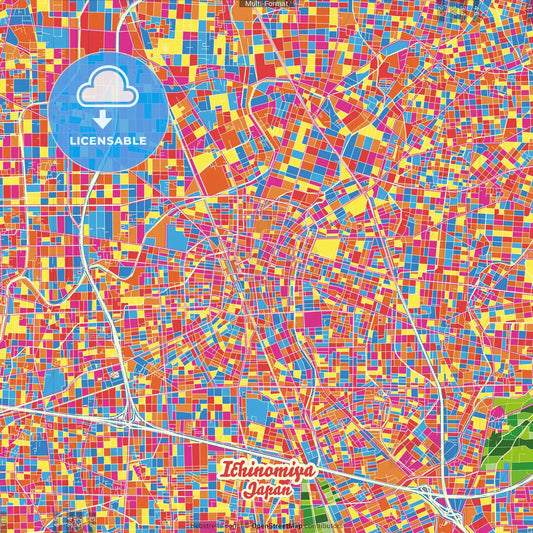 Ichinomiya, Aichi, Japan Crazy Colorful Street Map Poster Template