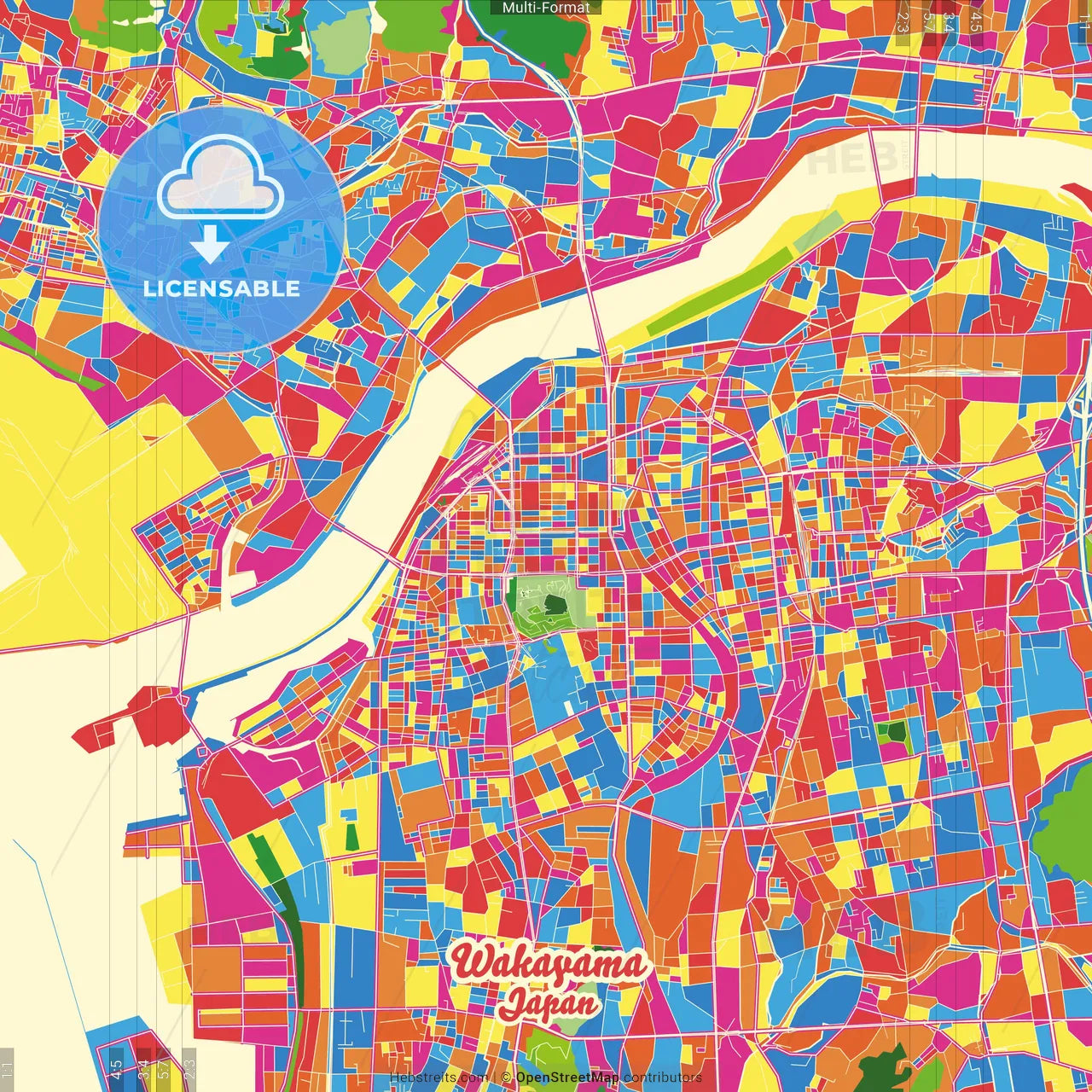 Wakayama, Wakayama, Japan Crazy Colorful Street Map Poster Template