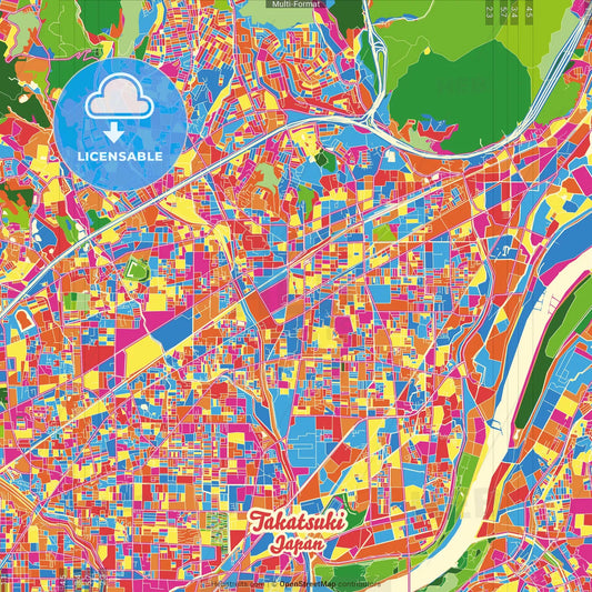Takatsuki, Osaka, Japan Crazy Colorful Street Map Poster Template