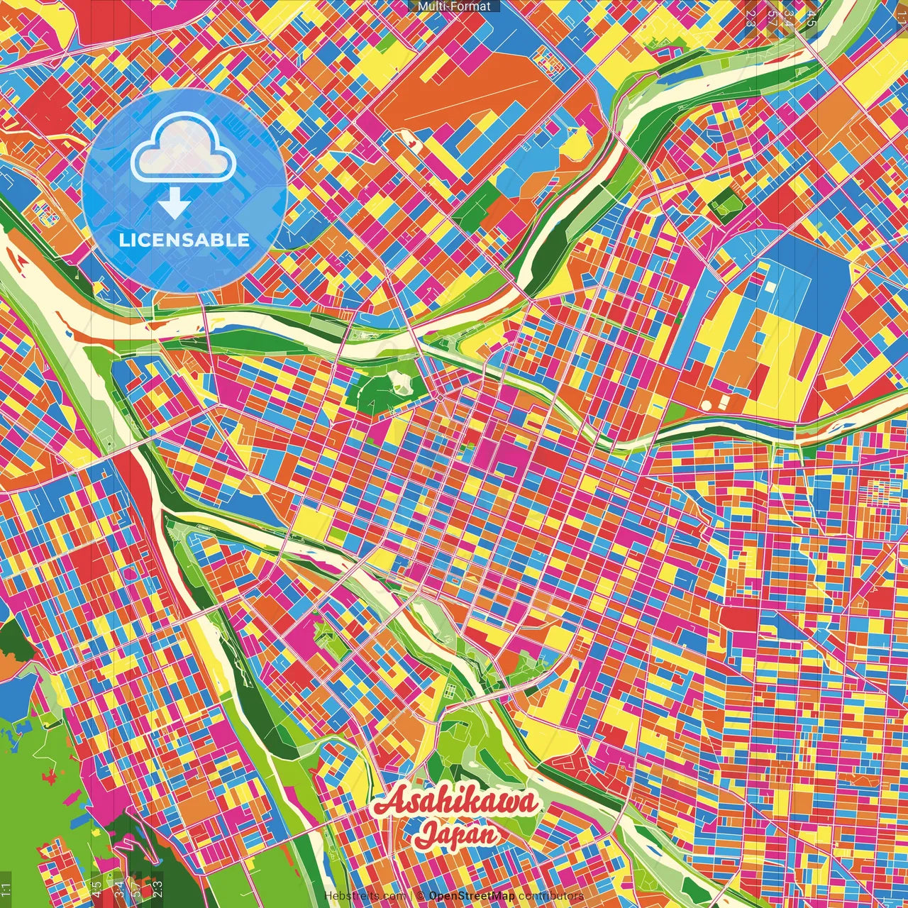 Asahikawa, Hokkaidō, Japan Crazy Colorful Street Map Poster Template