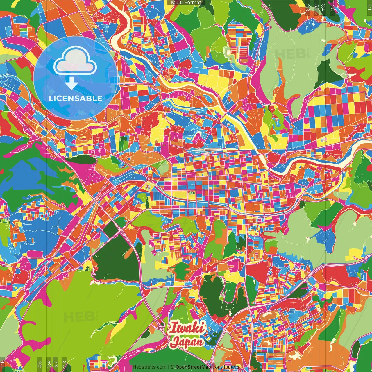 Iwaki, Fukushima, Japan Crazy Colorful Street Map Poster Template