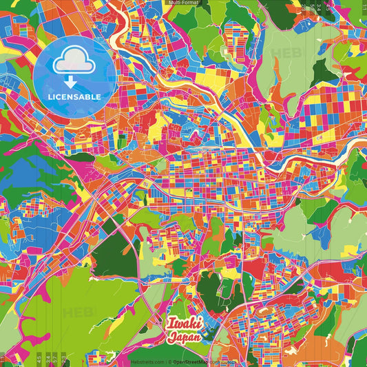 Iwaki, Fukushima, Japan Crazy Colorful Street Map Poster Template