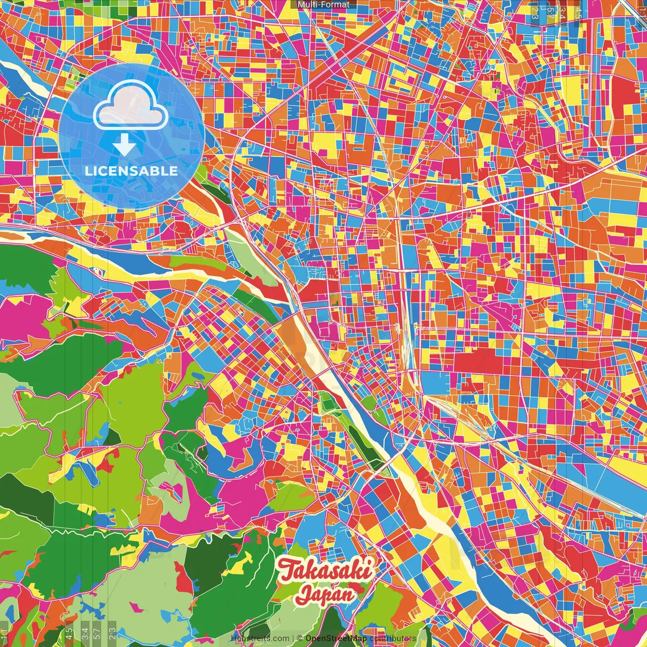 Takasaki, Gunma, Japan Crazy Colorful Street Map Poster Template