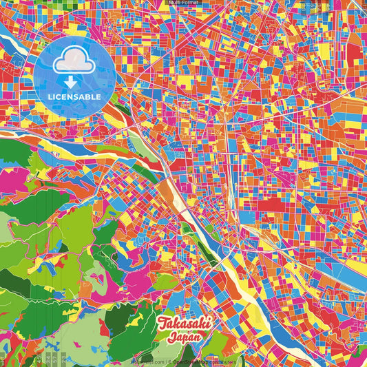 Takasaki, Gunma, Japan Crazy Colorful Street Map Poster Template