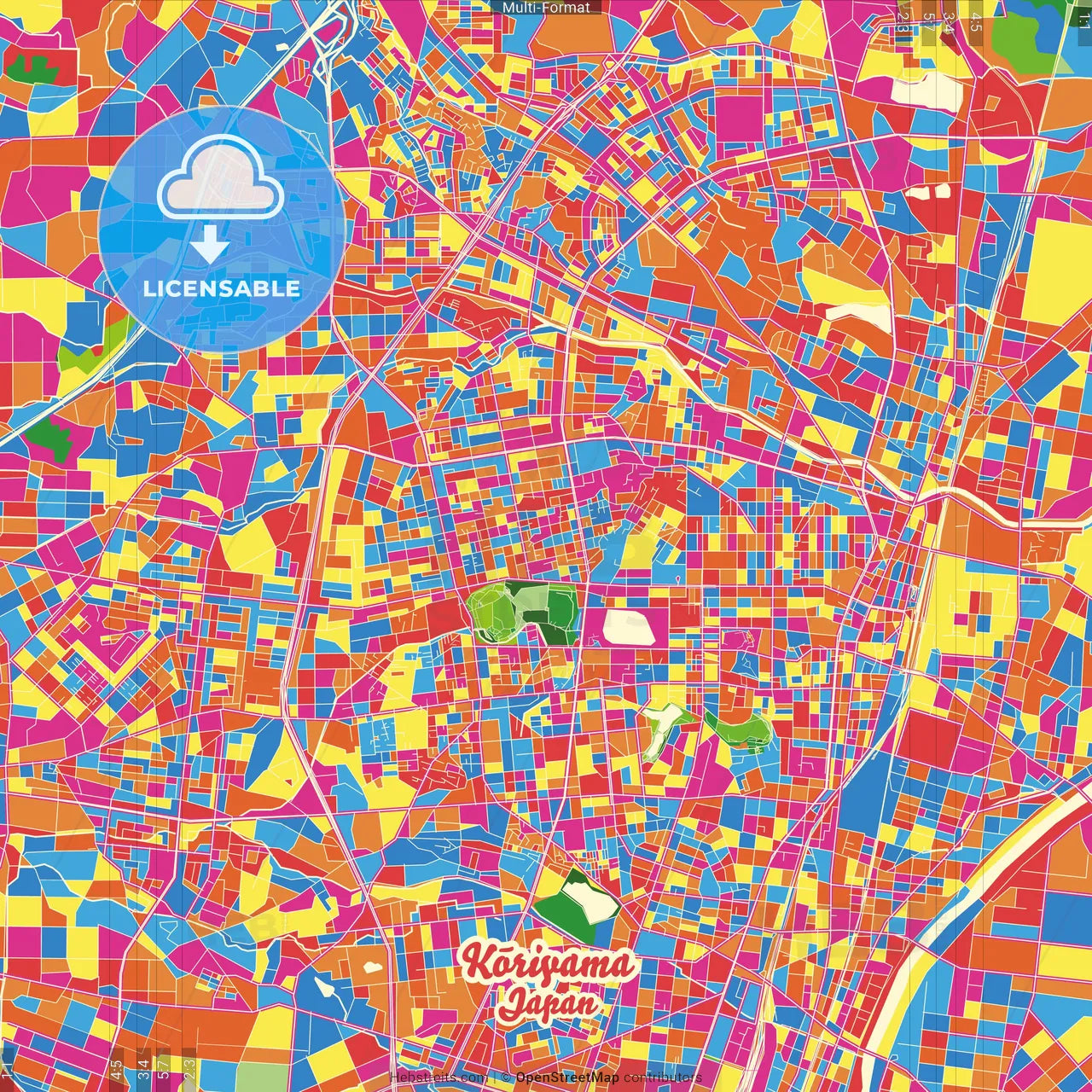 Kōriyama, Fukushima, Japan Crazy Colorful Street Map Poster Template