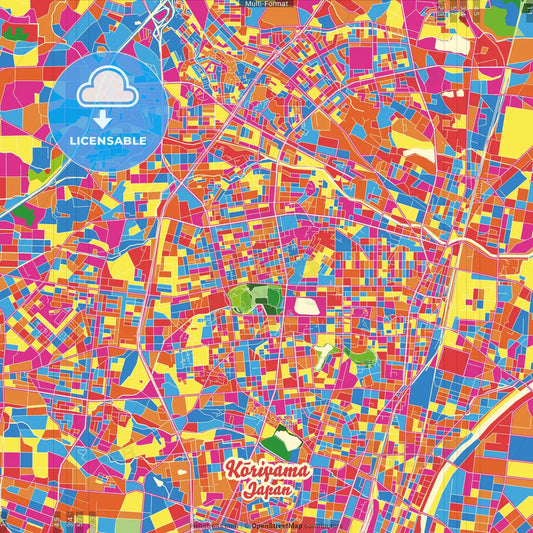 Kōriyama, Fukushima, Japan Crazy Colorful Street Map Poster Template