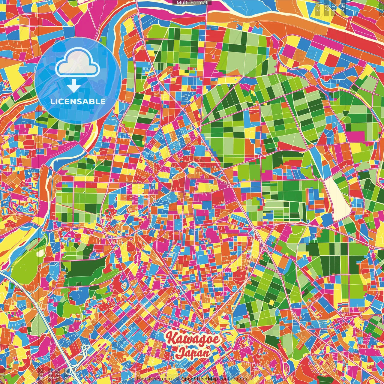 Kawagoe, Saitama, Japan Crazy Colorful Street Map Poster Template