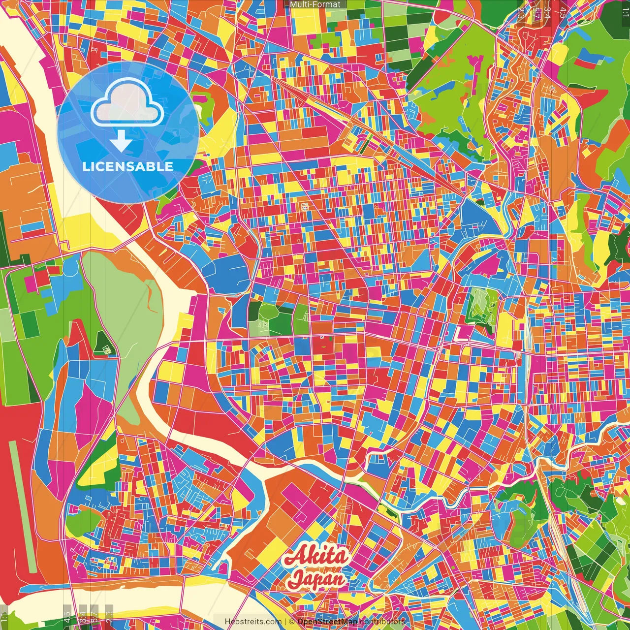 Akita, Akita, Japan Crazy Colorful Street Map Poster Template