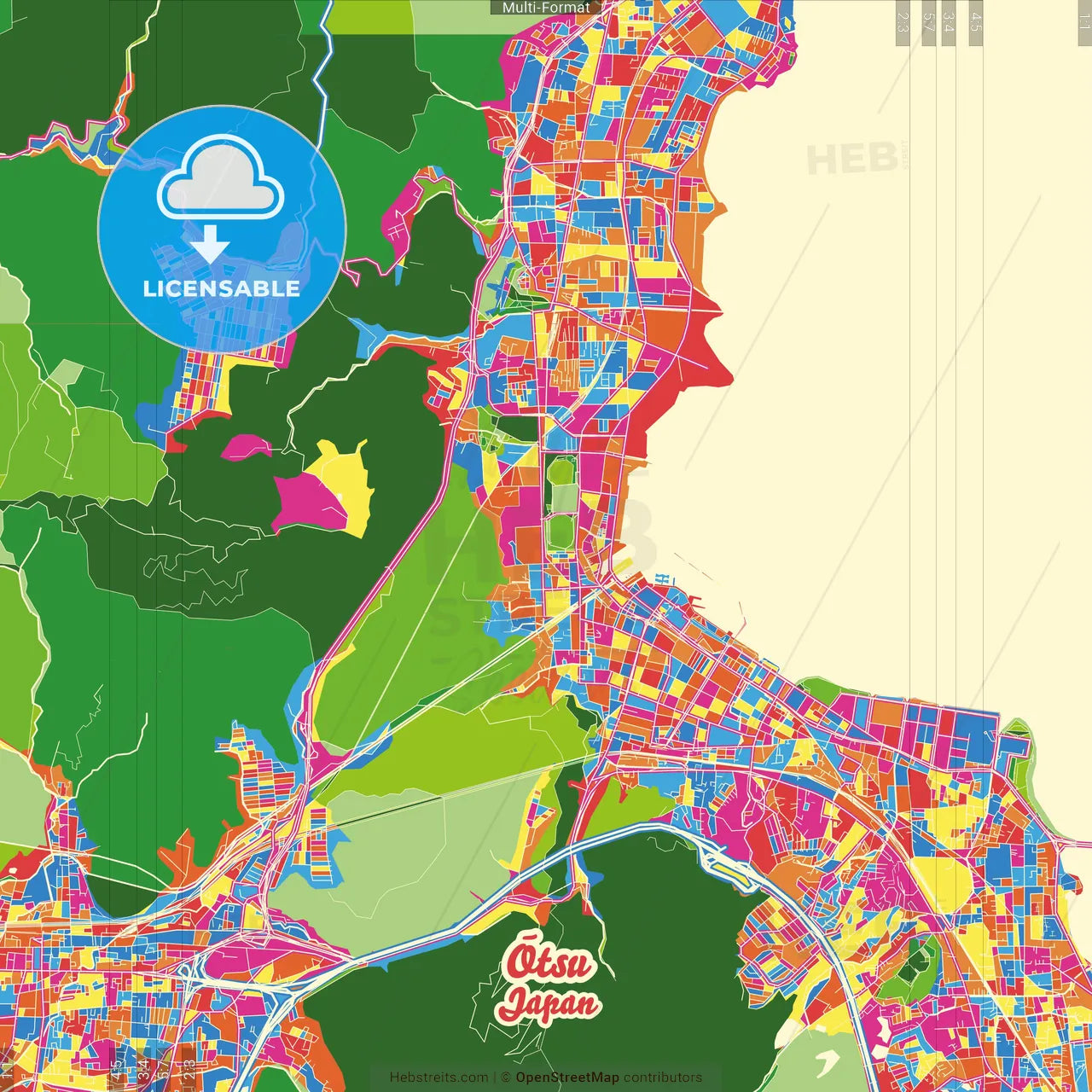 Ōtsu, Shiga, Japan Crazy Colorful Street Map Poster Template