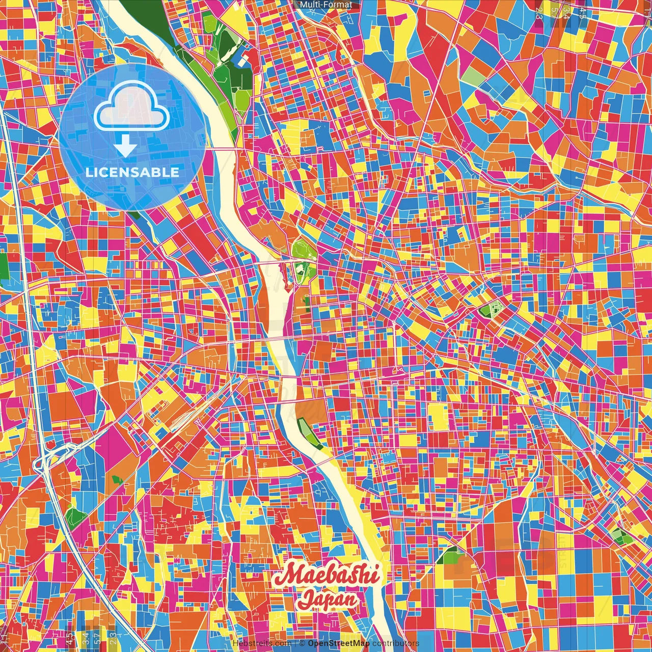 Maebashi, Gunma, Japan Crazy Colorful Street Map Poster Template