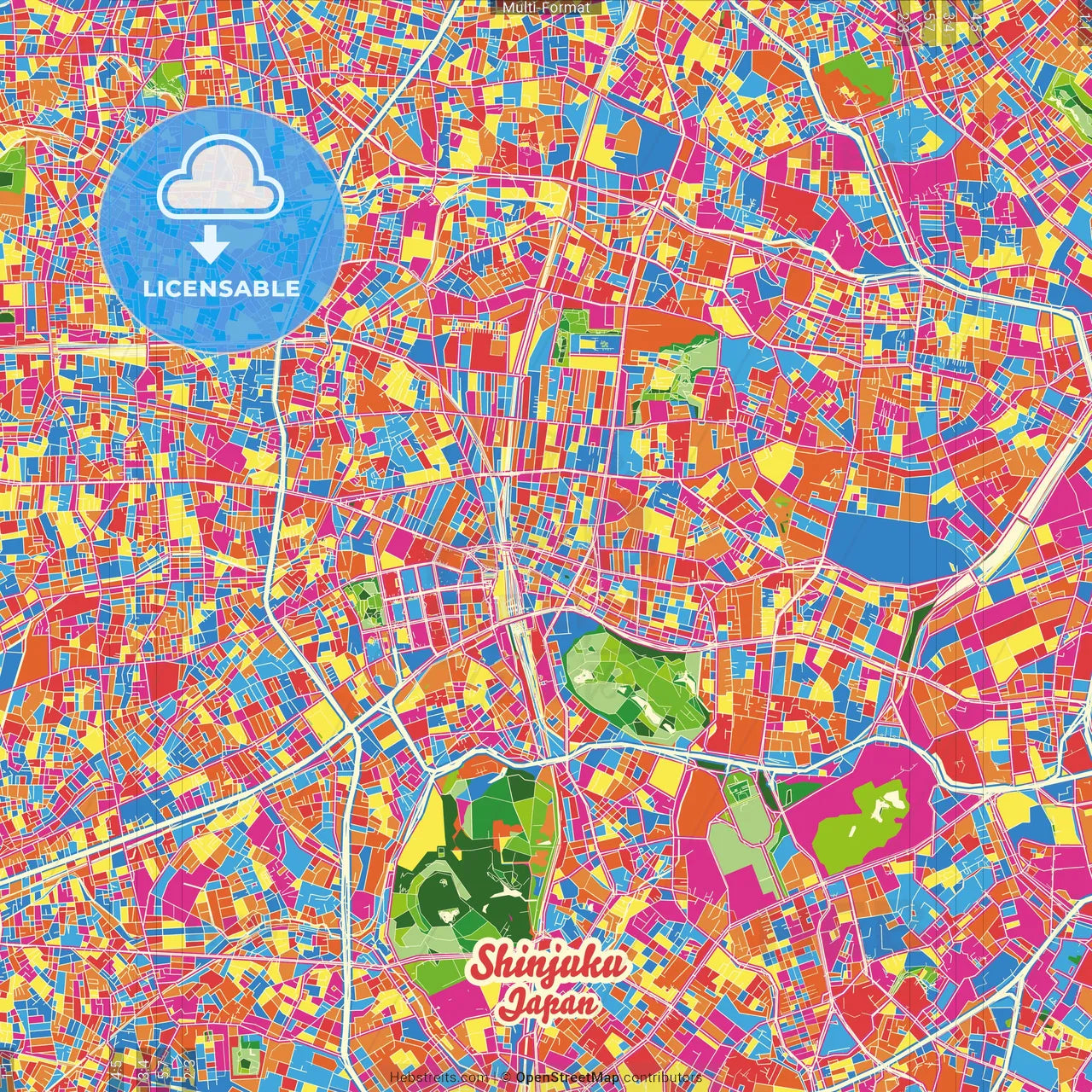 Shinjuku, Tokyo, Japan Crazy Colorful Street Map Poster Template