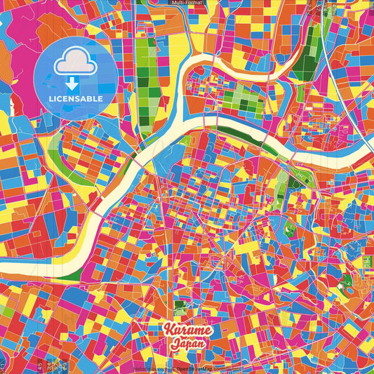 Kurume, Fukuoka, Japan Crazy Colorful Street Map Poster Template