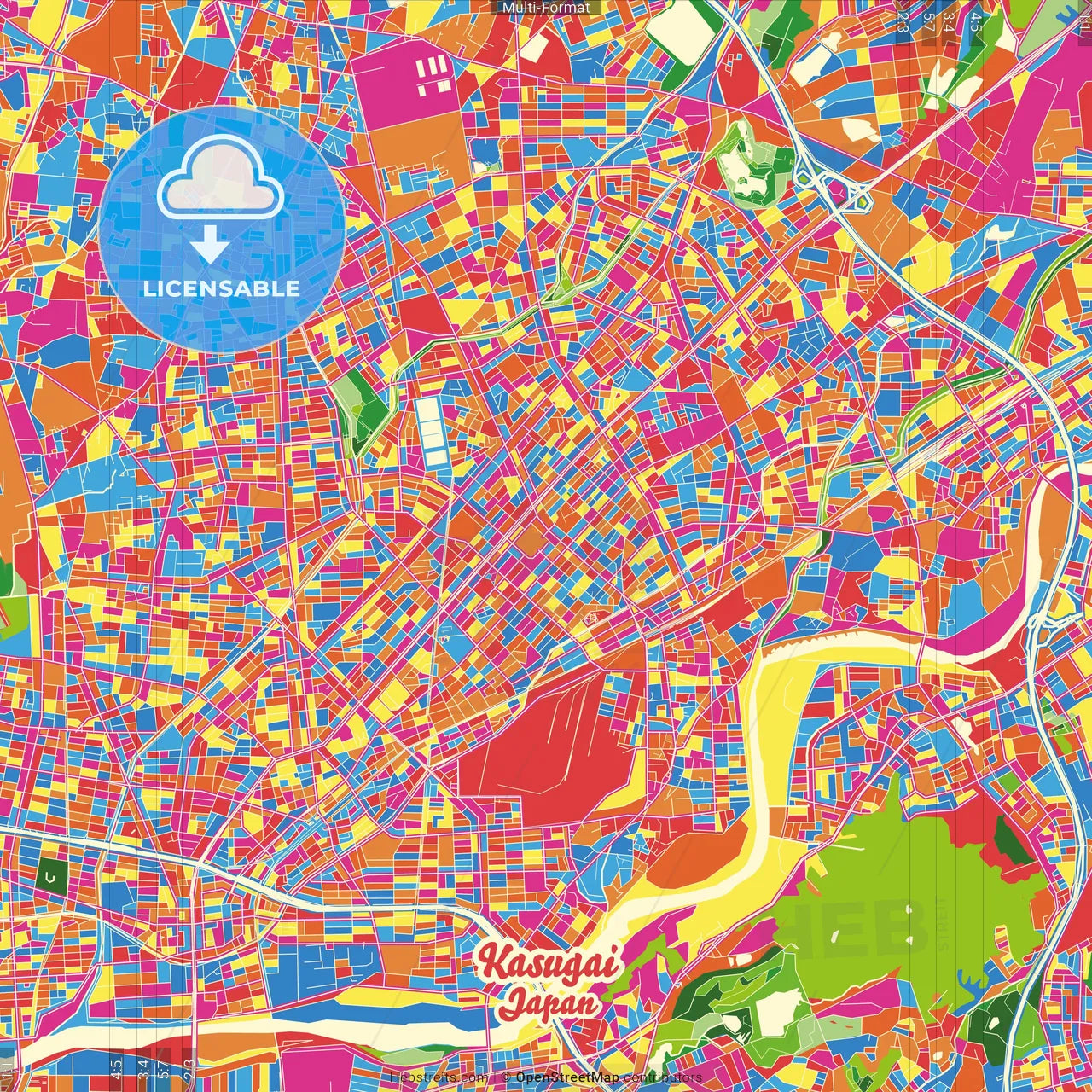 Kasugai, Aichi, Japan Crazy Colorful Street Map Poster Template