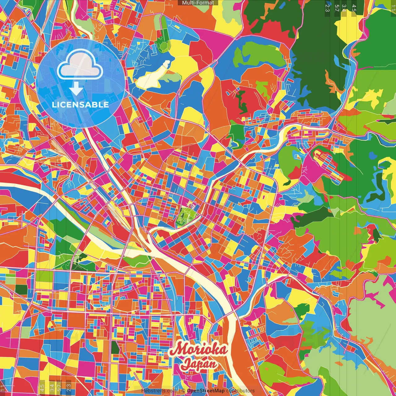 Morioka, Iwate, Japan Crazy Colorful Street Map Poster Template