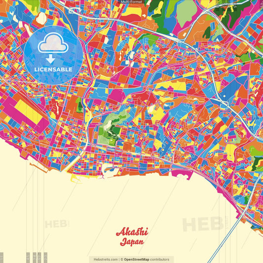 Akashi, Hyōgo, Japan Crazy Colorful Street Map Poster Template