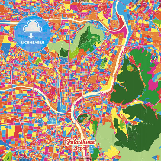 Fukushima, Fukushima, Japan Crazy Colorful Street Map Poster Template