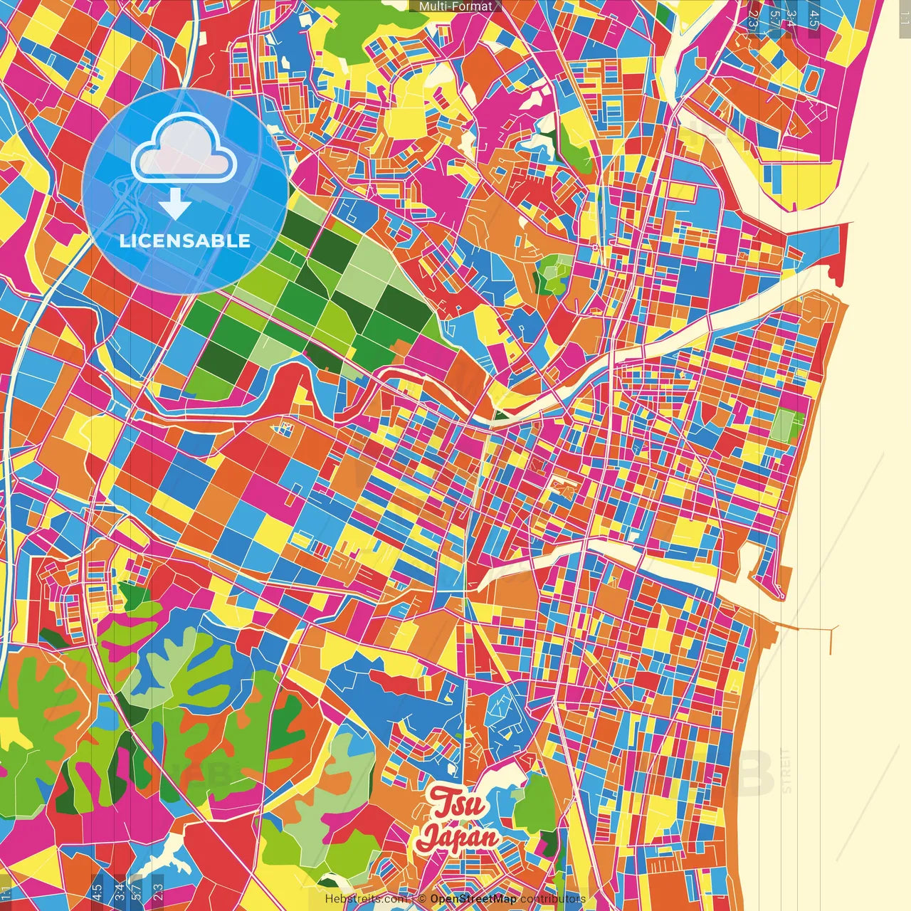 Tsu, Mie, Japan Crazy Colorful Street Map Poster Template