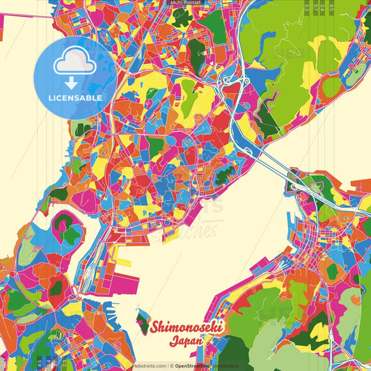 Shimonoseki, Yamaguchi, Japan Crazy Colorful Street Map Poster Template