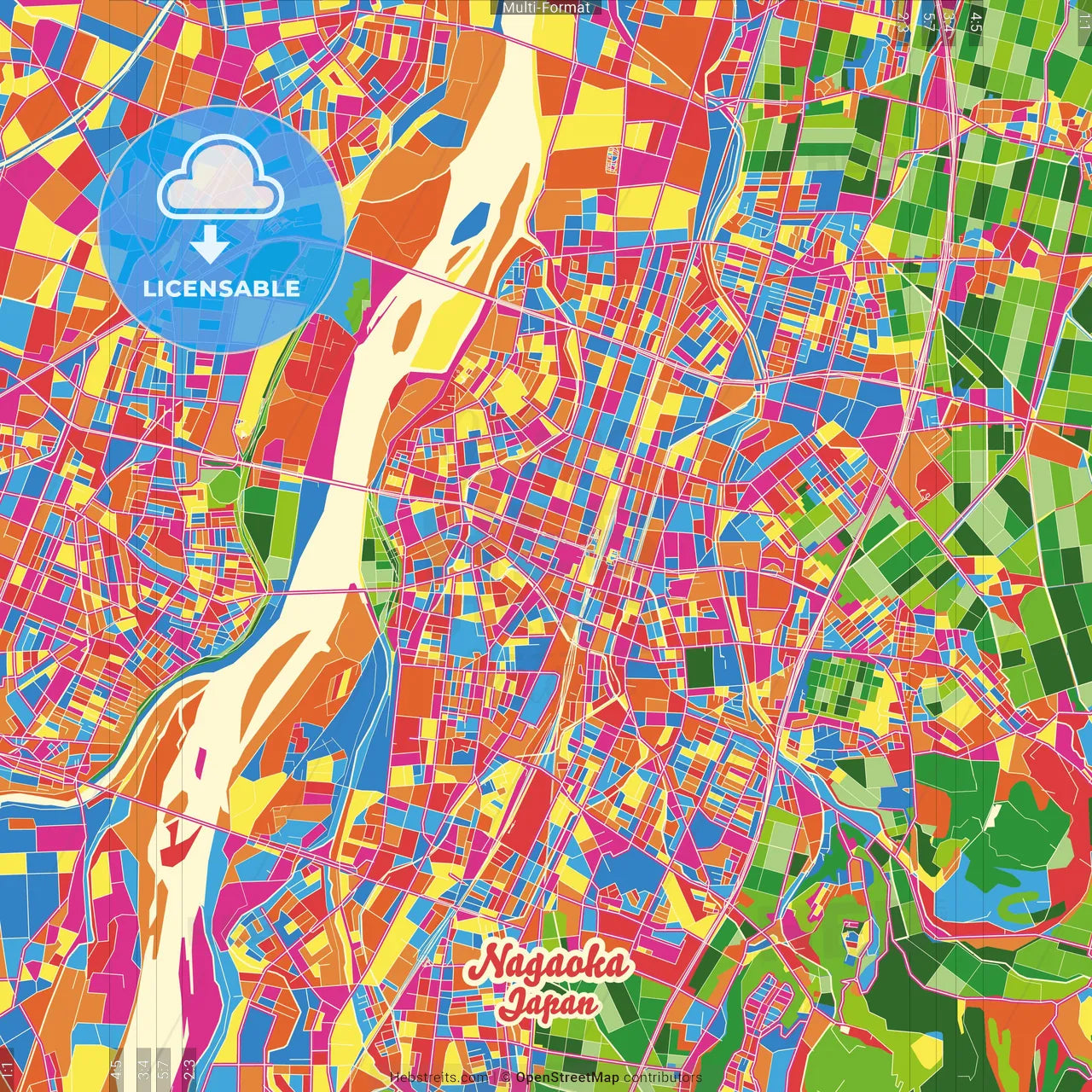 Nagaoka, Niigata, Japan Crazy Colorful Street Map Poster Template