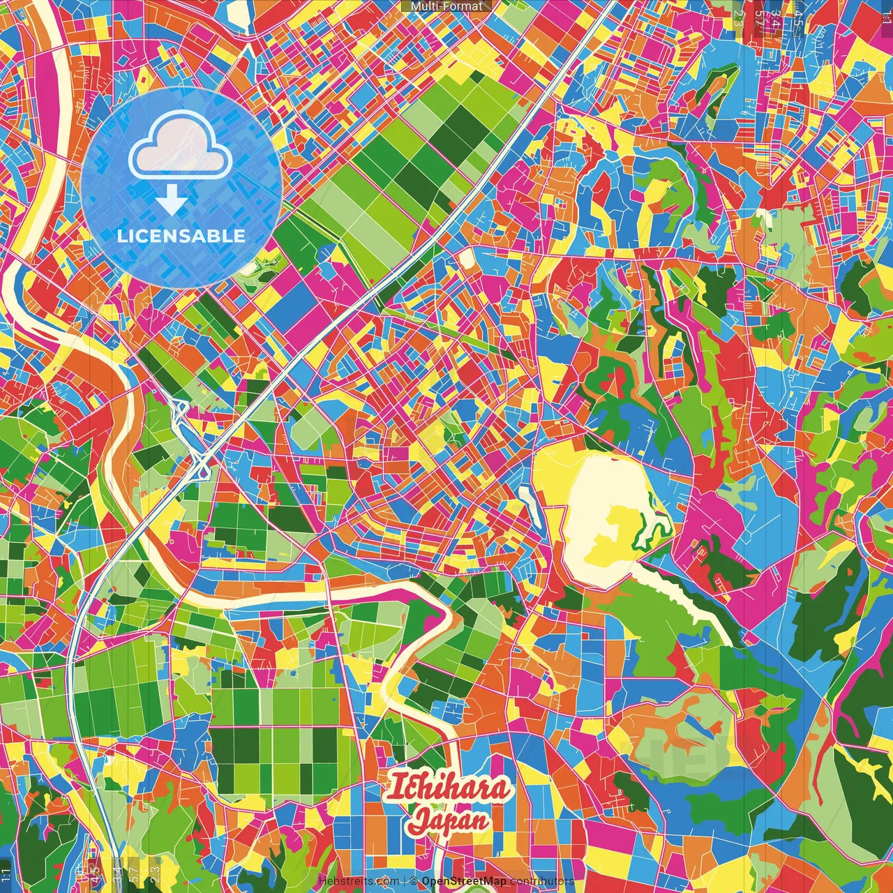 Ichihara, Chiba, Japan Crazy Colorful Street Map Poster Template