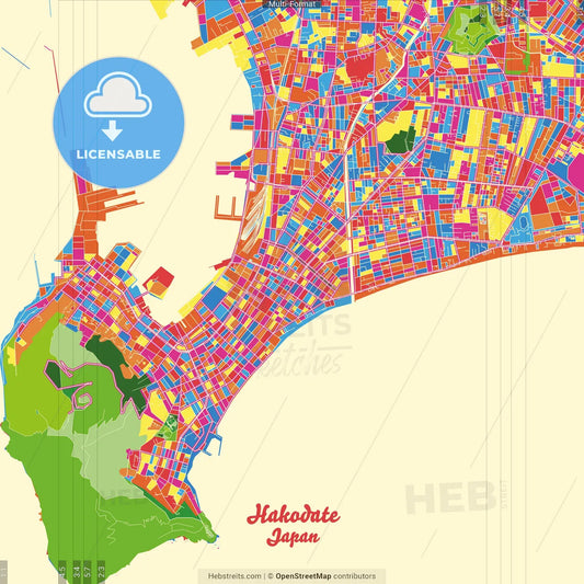 Hakodate, Hokkaidō, Japan Crazy Colorful Street Map Poster Template