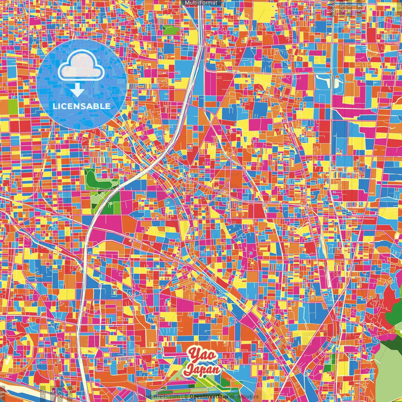 Yao, Osaka, Japan Crazy Colorful Street Map Poster Template