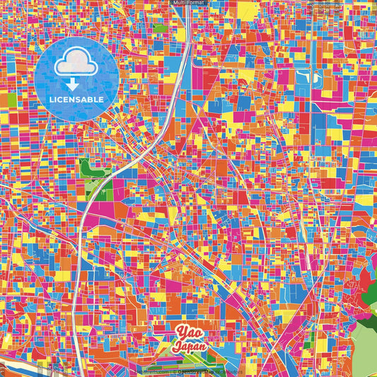 Yao, Osaka, Japan Crazy Colorful Street Map Poster Template