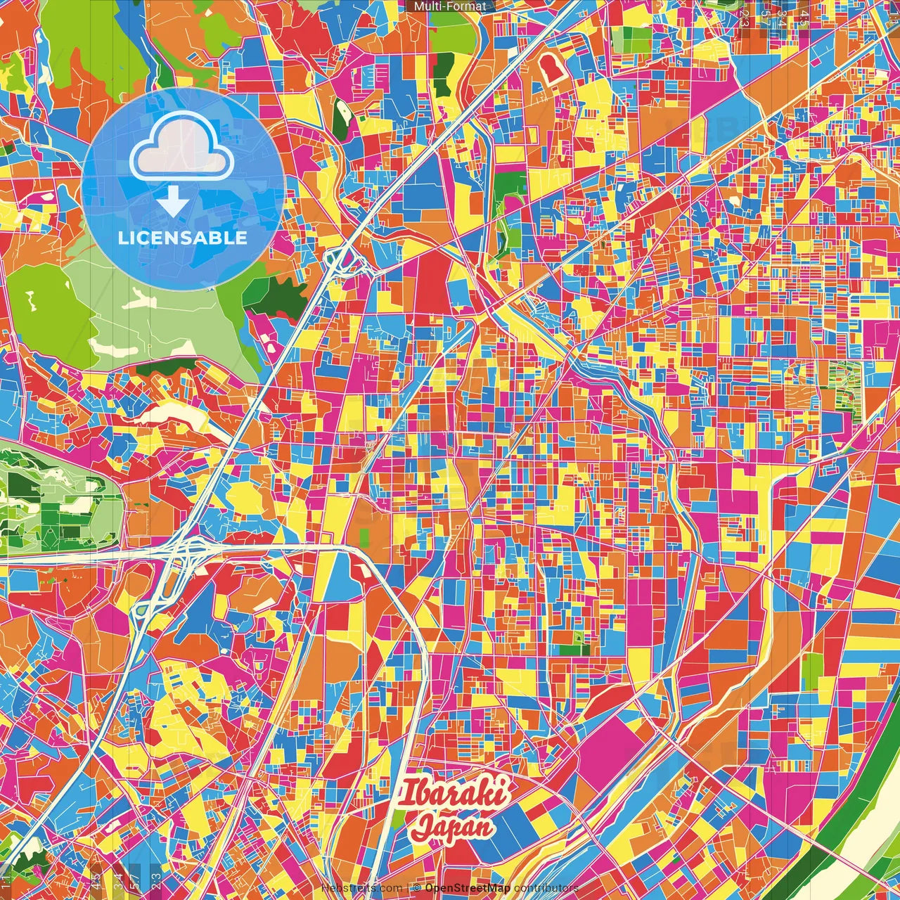 Ibaraki, Osaka, Japan Crazy Colorful Street Map Poster Template