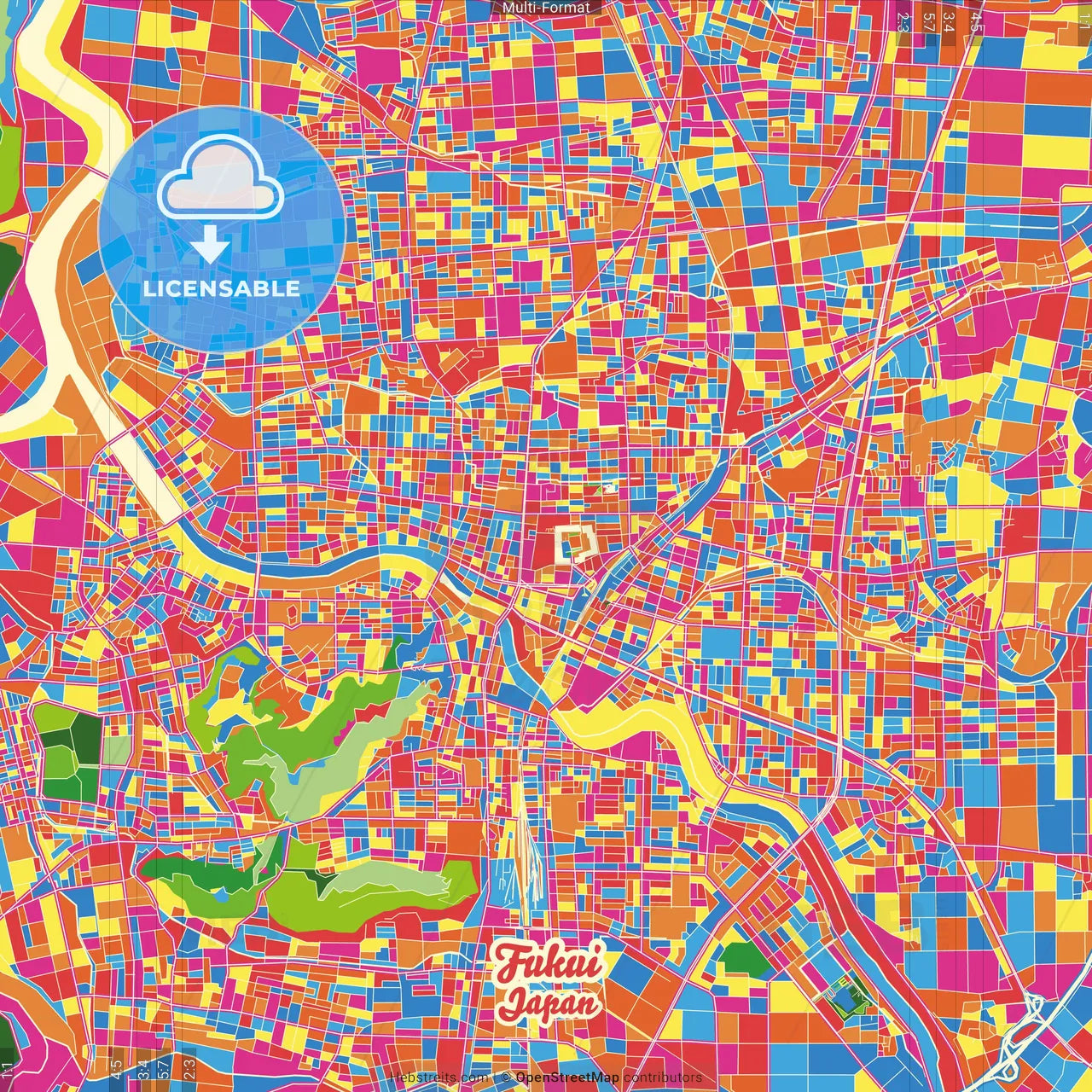 Fukui, Fukui, Japan Crazy Colorful Street Map Poster Template