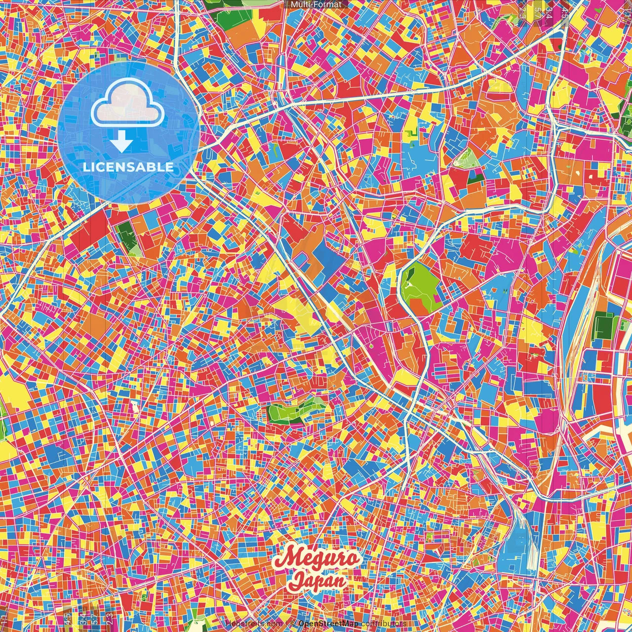 Meguro, Tokyo, Japan Crazy Colorful Street Map Poster Template