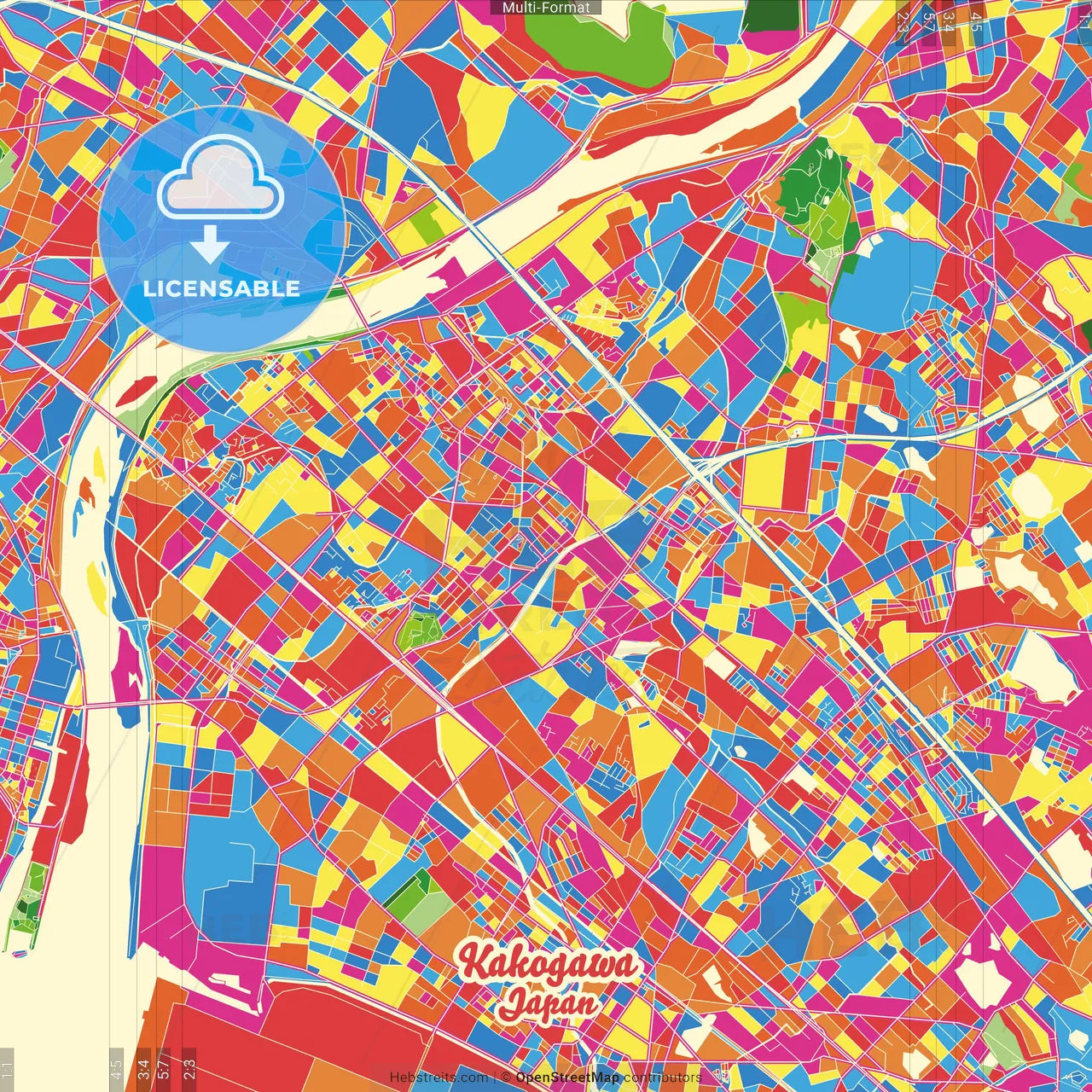 Kakogawa, Hyōgo, Japan Crazy Colorful Street Map Poster Template