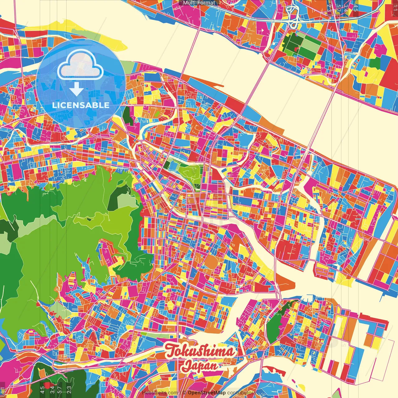 Tokushima, Tokushima, Japan Crazy Colorful Street Map Poster Template